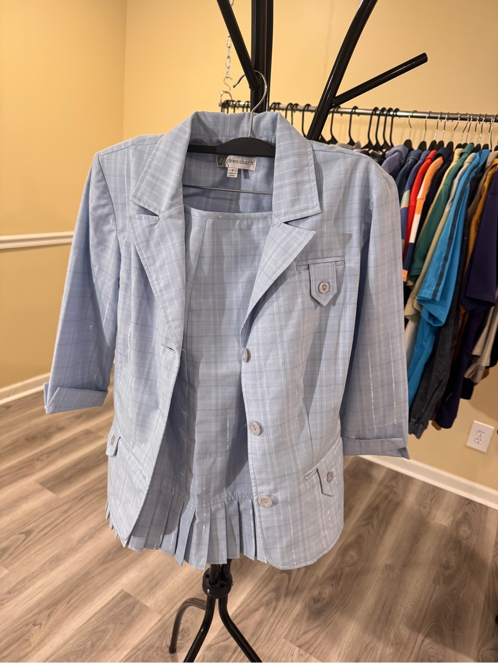 dressbarn Light Blue Plaid Women's Blazer with Pleated Hem